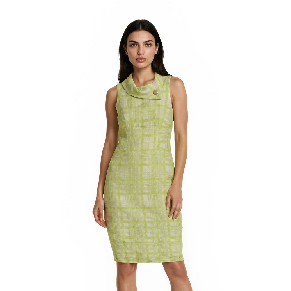 NWT Tahari Arthur S Levine Sheath Dress Women's Size 10 Lime Green Plaid Mad Men